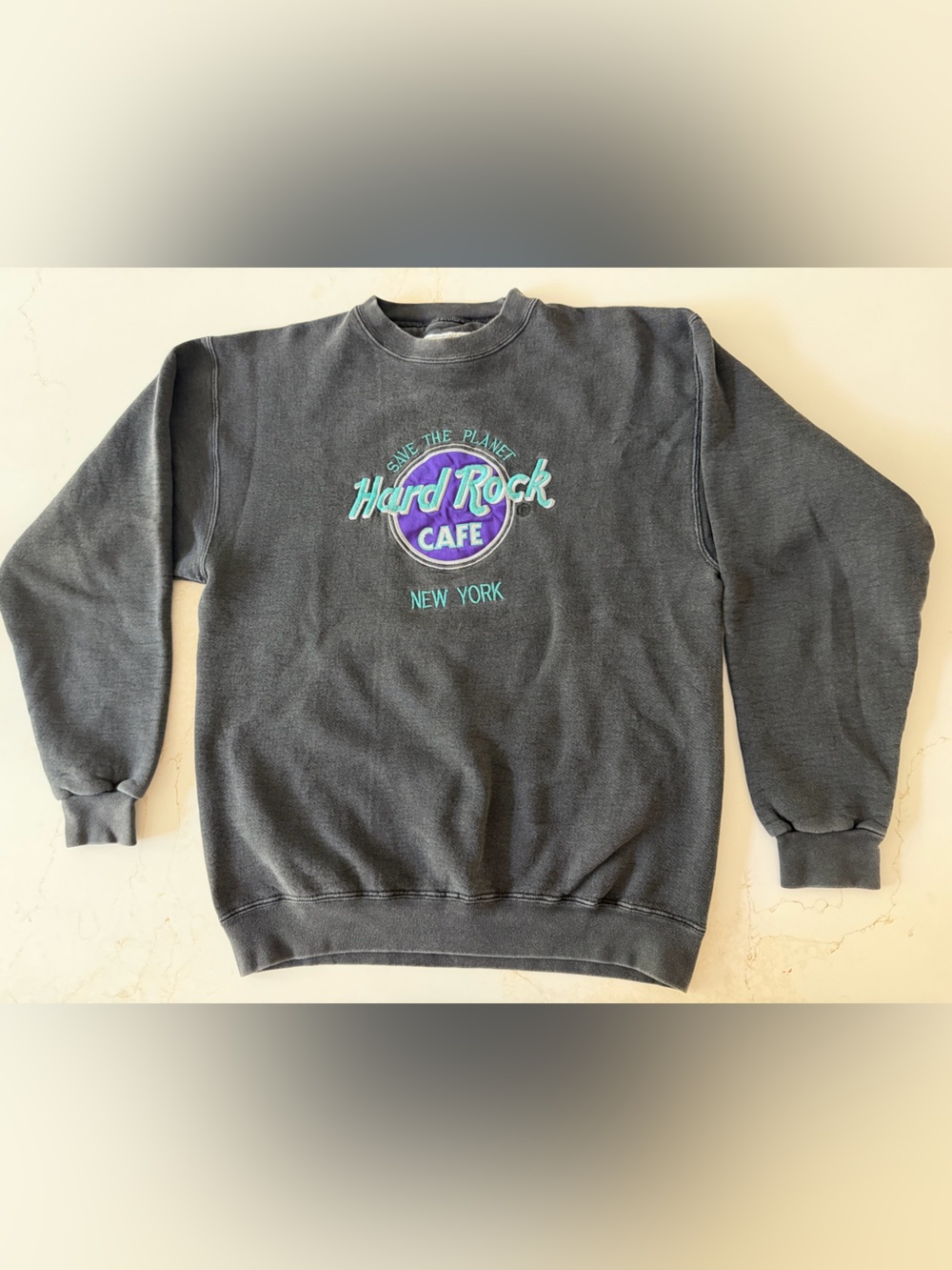 Vintage Hard Rock Cafe New York Dark Charcoal Crewneck with Teal & Purple Logo